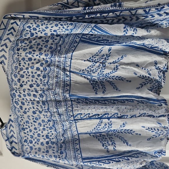 Free People White and Blue Bell Sleeve Blouse with Tie Front - Picture 6 of 8